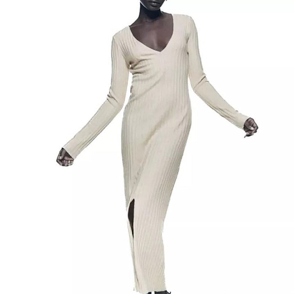 Zara Ribbed Knit Midi Dress MEDIUM Long Sleeve V-Neck Bodycon Soft Cream Slit